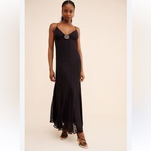 Free People Black Maxi Slip Dress with Rosette Accent
